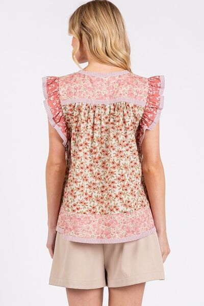 Yolanda® | Floral notched ruffled cap sleeve blouse