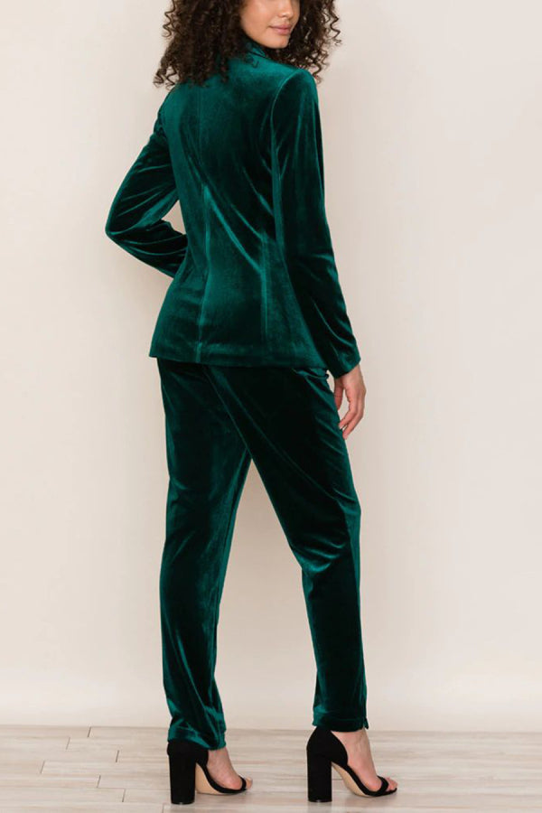 Alice® | Solid color velvet long sleeve blazer and trousers with elastic waistband and pockets