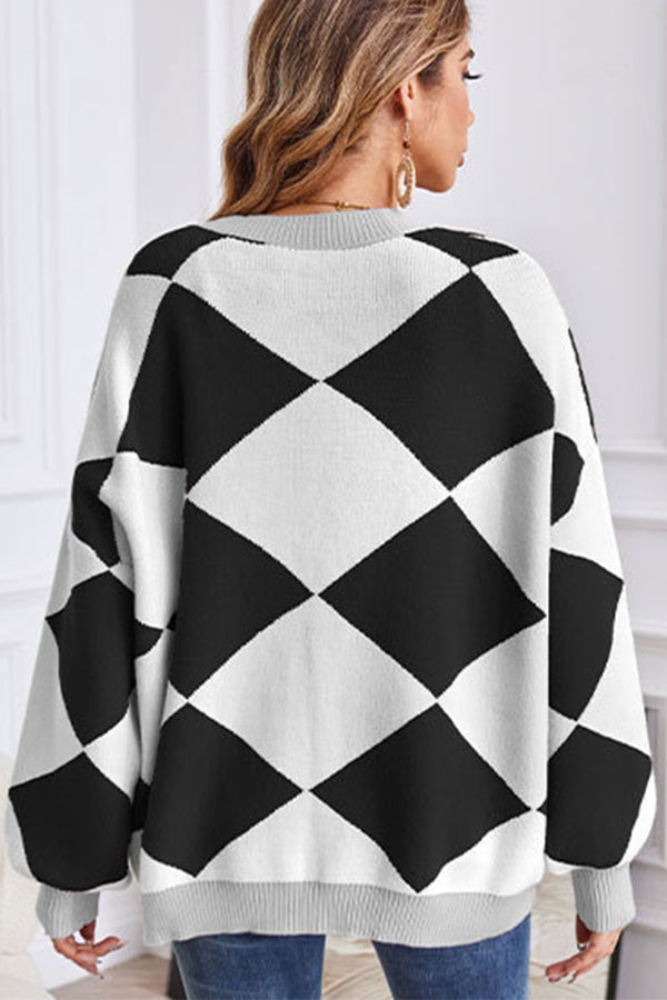 Verónica® | Casual loose V-neck geometric patchwork contrast cardigan