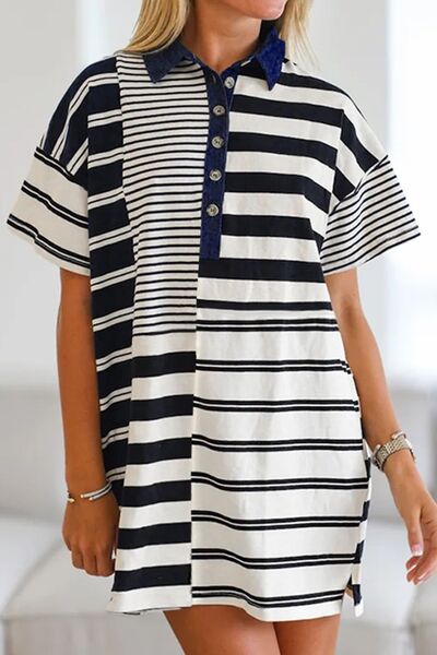 Tatiana® | Striped short sleeve mini dress with button detail