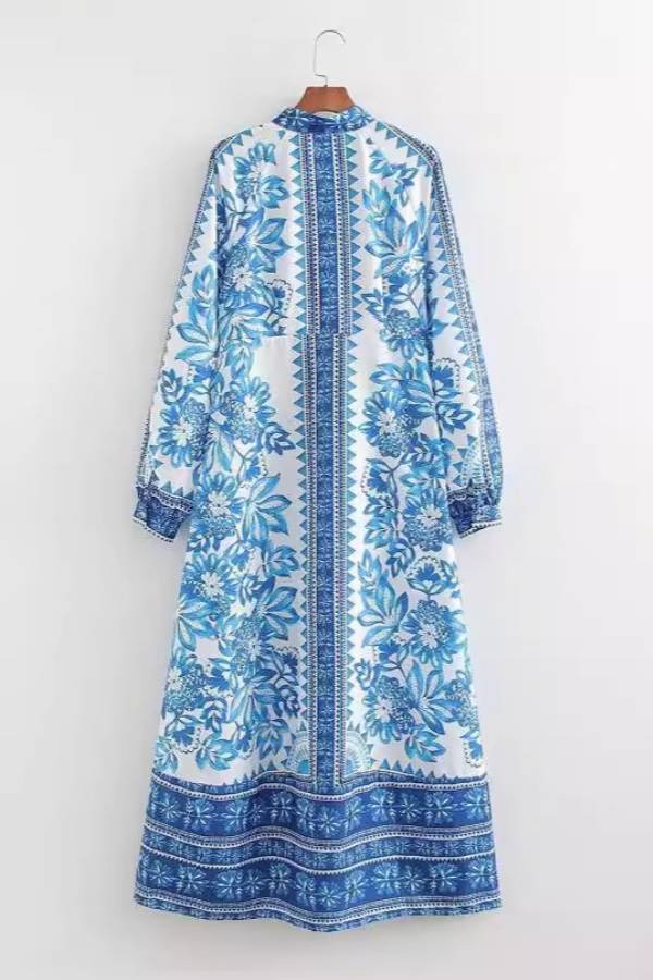 Vesta® | Unique printed long sleeve button down shirt maxi dress