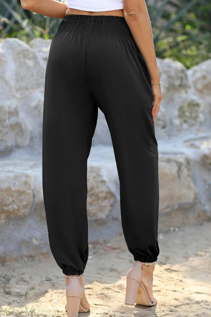 Teresa® | Black smocked high waist joggers with pockets