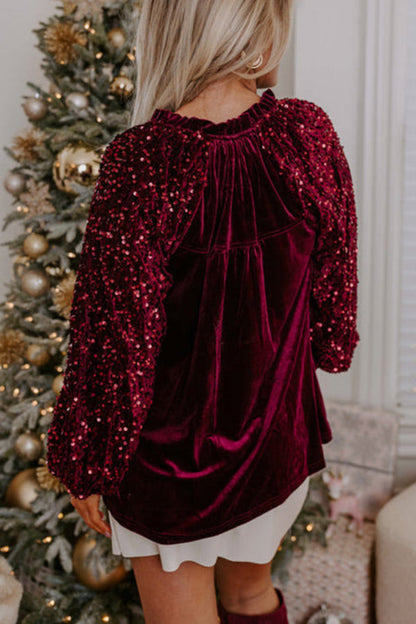 Natasha® | Velvet top with sequin patchwork sleeves and buttons