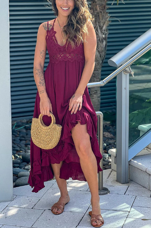 Verónica® | Garnet red crochet top high low dress