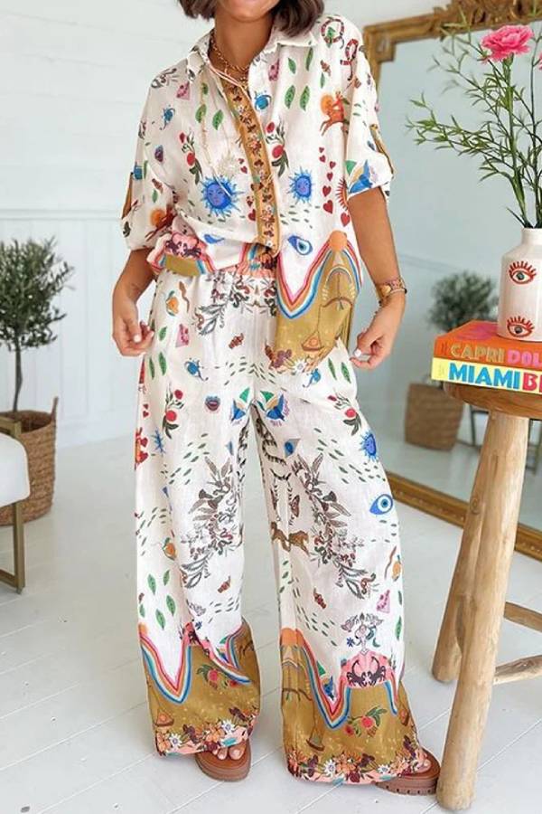 Zaira® | Two-piece set with a fashionably printed short-sleeved shirt and trousers