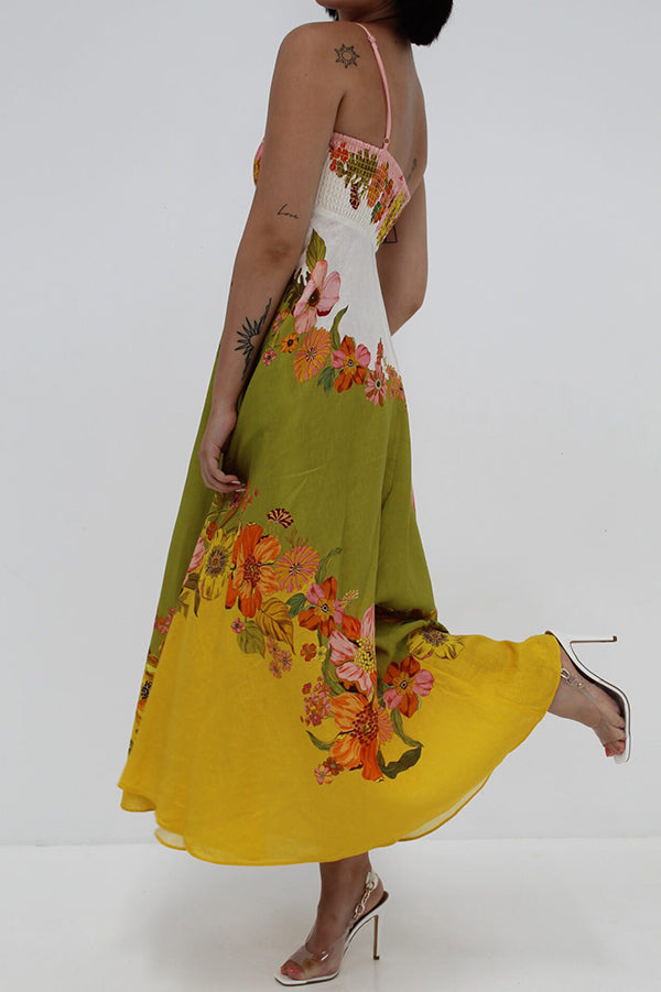 Zada® | Linen blend maxi dress with a contrast floral print at the back and smocked pockets