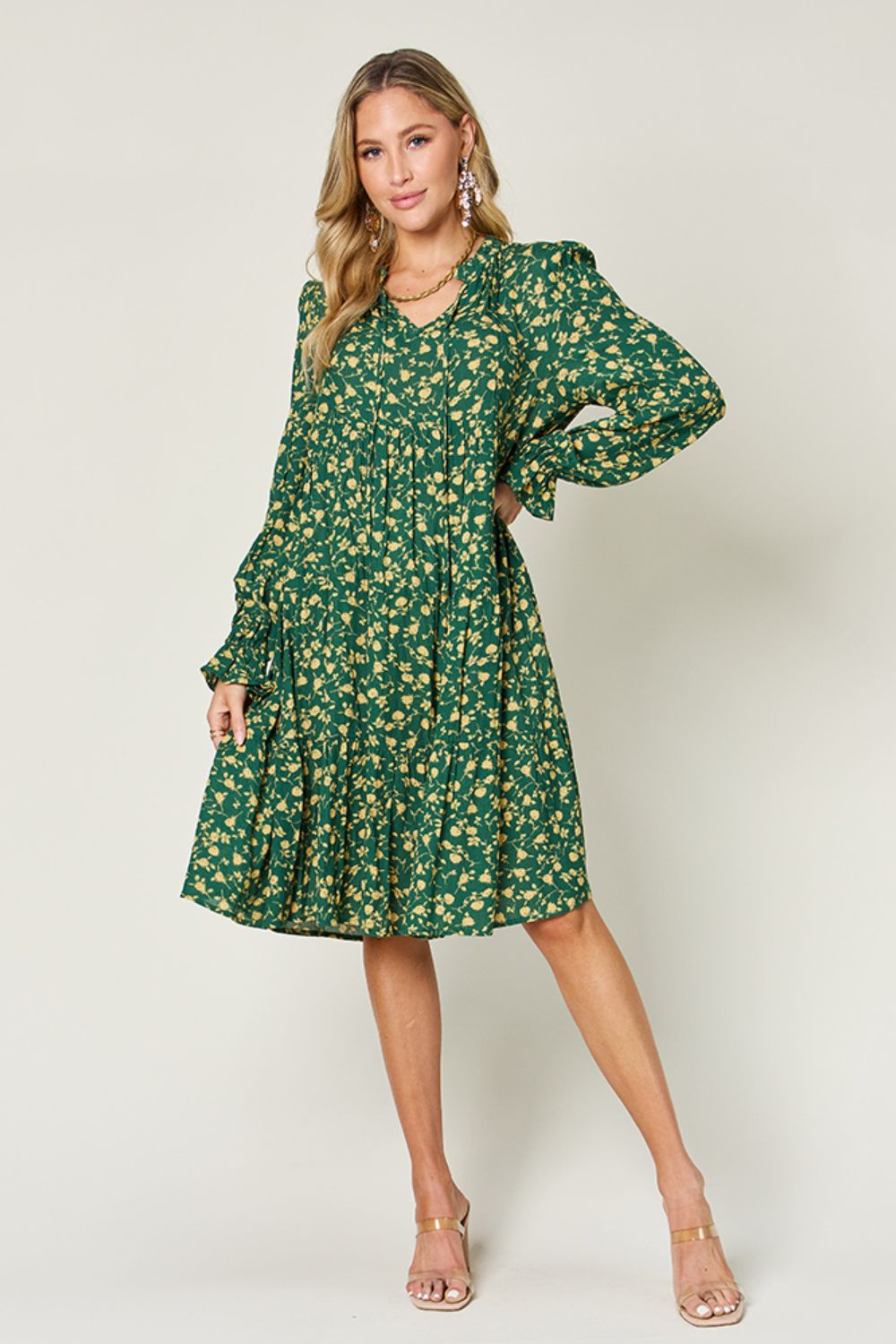 Tatiana® | Double Take long sleeve tiered ruffle hem dress with full size print