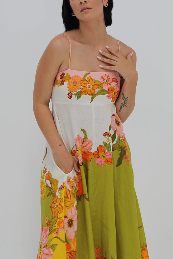 Zada® | Linen blend maxi dress with a contrast floral print at the back and smocked pockets