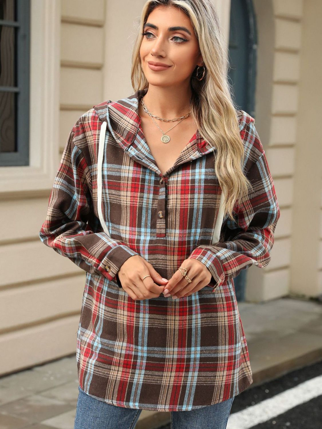 Nathalie® | Long sleeve top with drawstring and checked hood