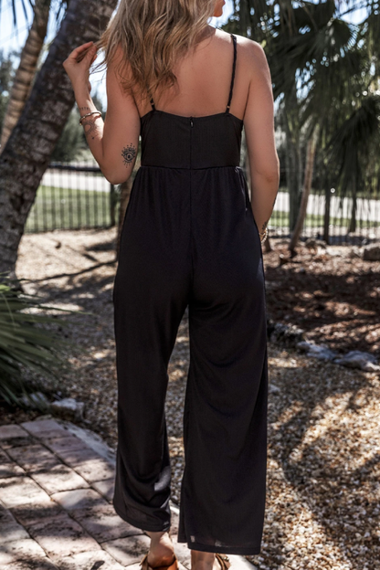 Zelda® | Black sexy cami jumpsuit with V-neck, high waist and wide leg