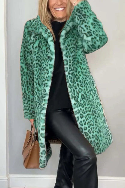 Abigail® | Long sleeve, mid-length plush coat with leopard print lapels