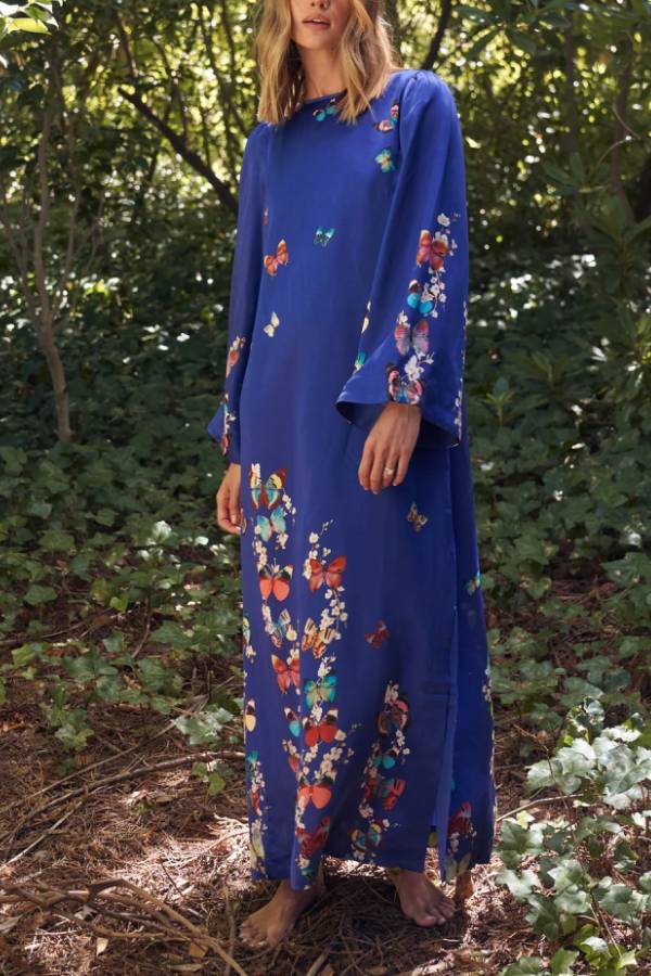 Tallulah® | Navy blue long sleeve loose long dress with butterfly print