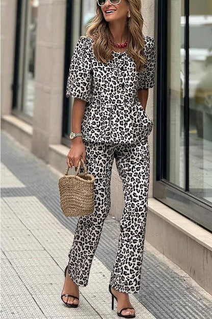 Queenie® | Enjoy the leopard print babydoll top, puff sleeves and pants set with elastic waistband and pockets every day