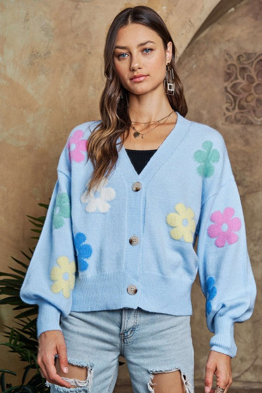 Philippa® | Floral cardigan with button placket and lantern sleeves