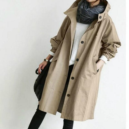 Amelia® | Long trench coat with hood and stand-up collar for women, available in large sizes