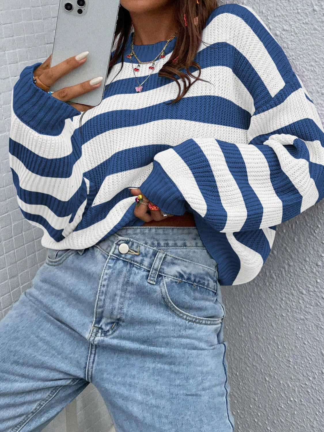 Nadia® | Honey colored striped long sleeve crew neck jumper