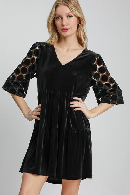 Pilar® | Polka dot tiered velvet mini dress with lace sleeves