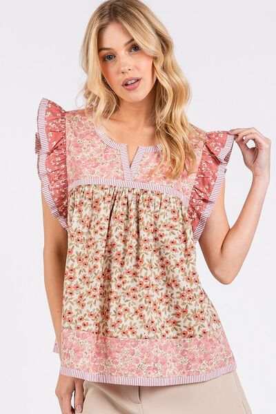 Yolanda® | Floral notched ruffled cap sleeve blouse