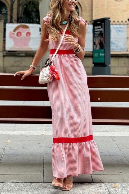 Stella® | Red and white vertical striped long dress with bow straps