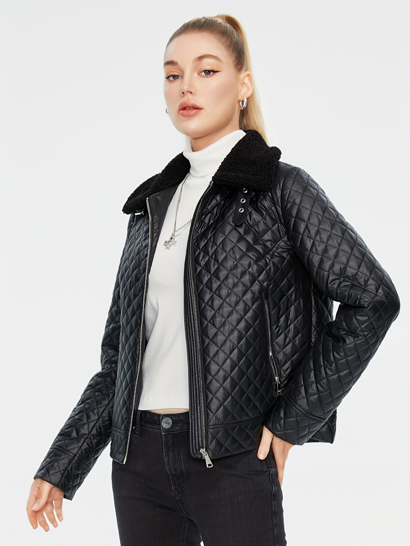 Vespera® | Fluffy, padded jacket with argyle print