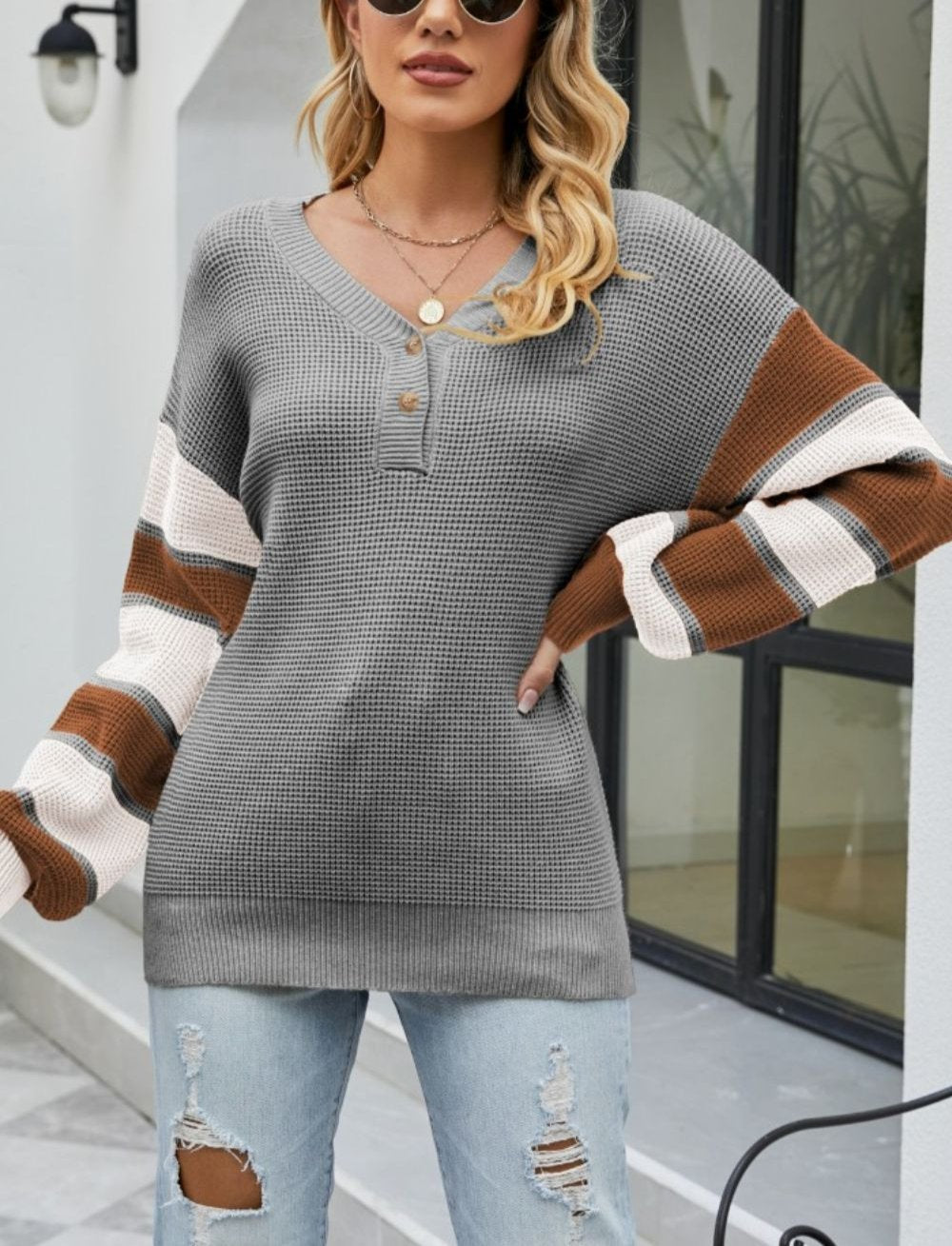 Alba® | Women's color block button knit sweater