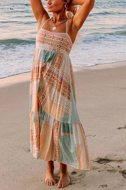 Thalia® | Multicolored summer dress with a square neckline in a boho patchwork print