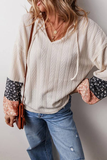 Summer® | Beige floral textured patchwork top with drawstring and V-neck