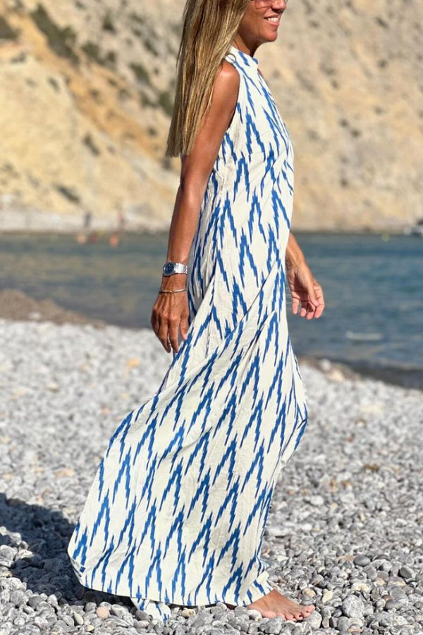 Tamara® | Blue printed casual sleeveless long dress