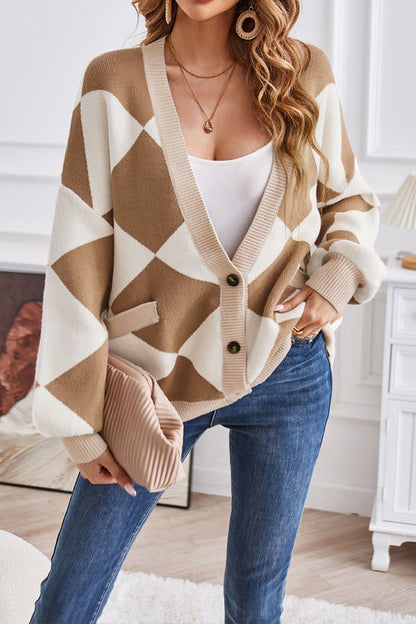 Verónica® | Casual loose V-neck geometric patchwork contrast cardigan