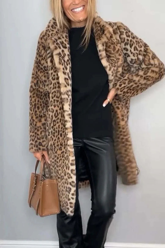 Abigail® | Long sleeve, mid-length plush coat with leopard print lapels