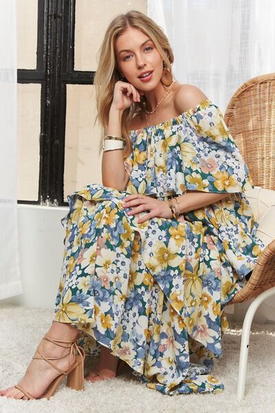 Trinidad® | Layered floral off shoulder short sleeve maxi dress