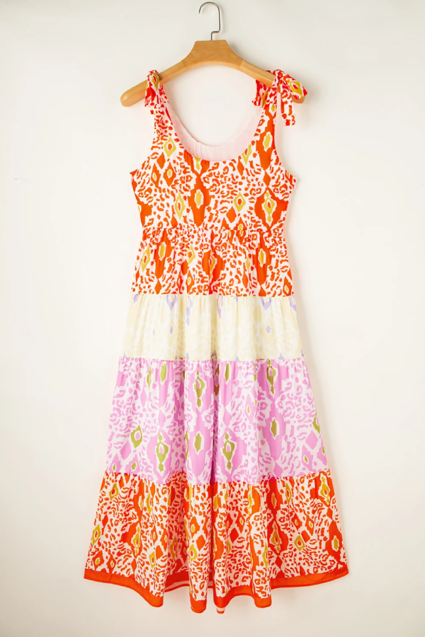 Zenda® | Orange leopard print tiered dress with knotted straps