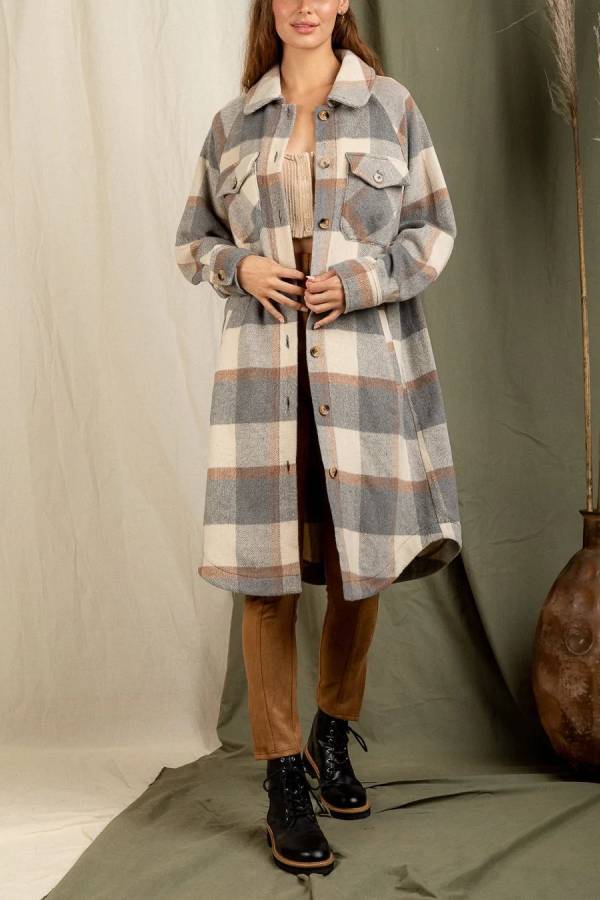 Posey® | Coat with checked print and dropped shoulders