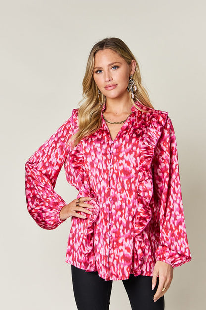 Susana® | Full size printed double take shirt with ruffle trim and balloon sleeves