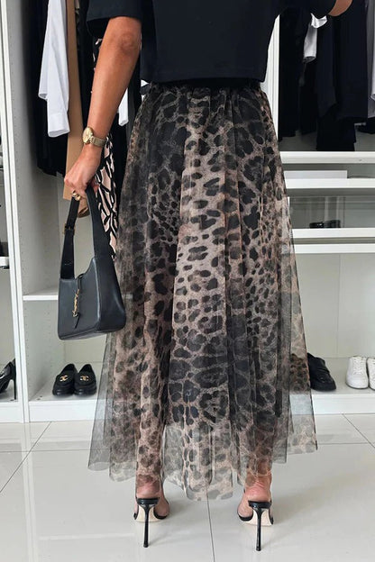 Phoebe® | Autumnal jungle tulle maxi skirt in leopard print A-line with elastic waist