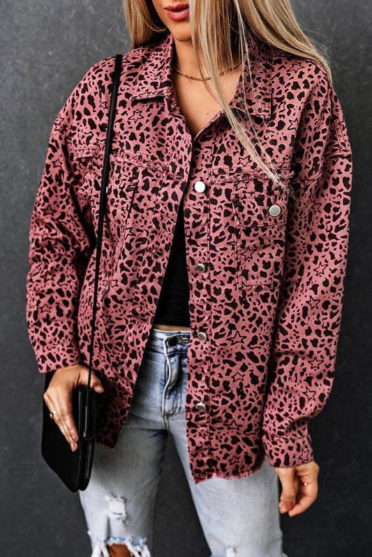 Tamara® | Chic pink denim shirt jacket with leopard print