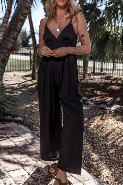 Zelda® | Black sexy cami jumpsuit with V-neck, high waist and wide leg