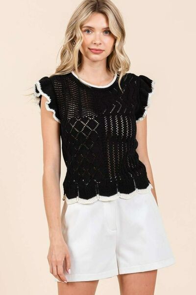 Ximena® | Openwork knit top with contrast trim, ruffles and cap sleeves