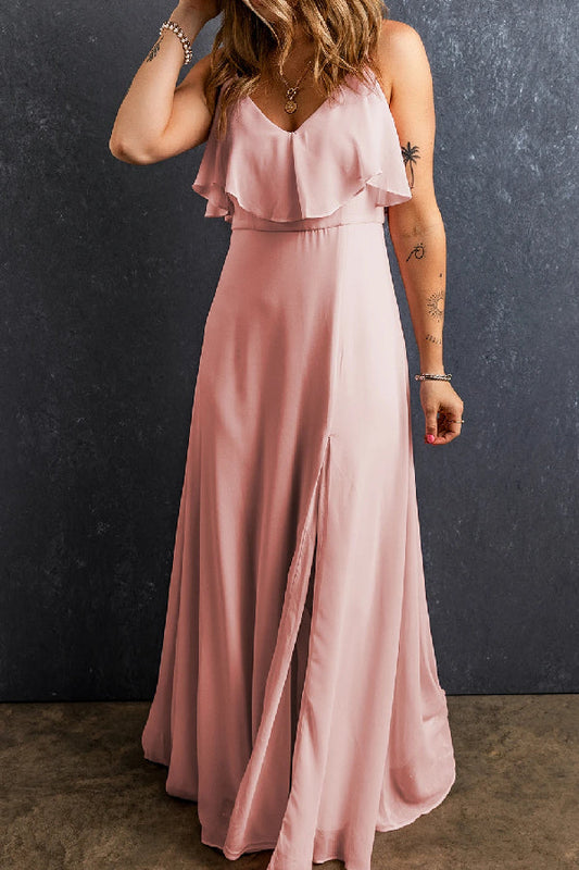 Virginia® | Light pink spaghetti strap, V-neck, ruffled, split long dress