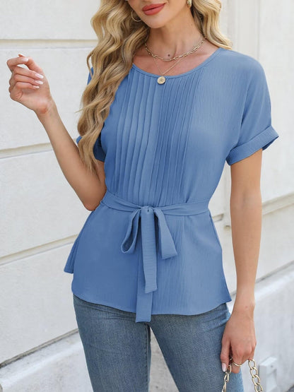 Tamar® | Short-sleeved blouse with a round neckline and tie-ups at the waist