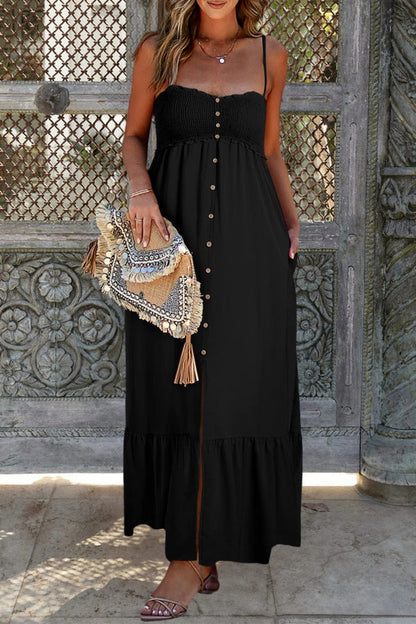 Penélope® | Black maxi dress with smocked buttons and spaghetti straps