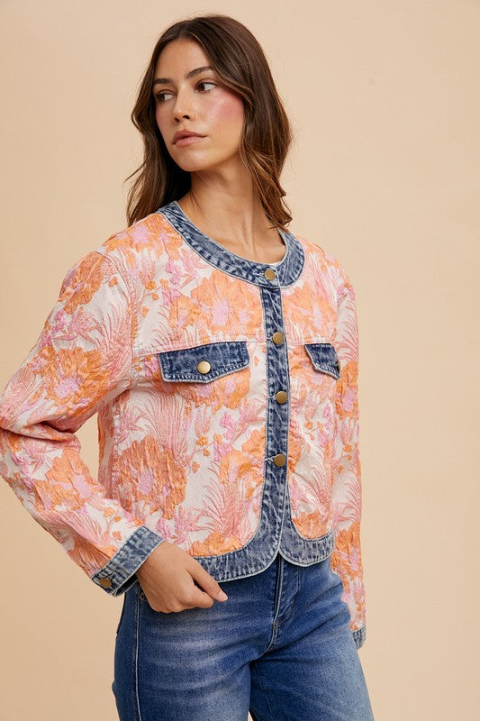 Thea® | Contrast button-down jacket in floral jacquard denim