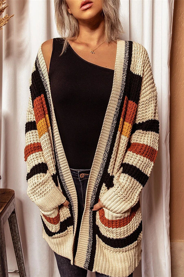 Rafaela® | Knitted striped printed loose long sleeve V-neck casual cardigan