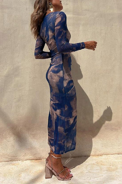 Taylor® | Charm Lady Mesh Overlay Tie Dye Print Long Sleeve Ruched Stretch Midi Dress