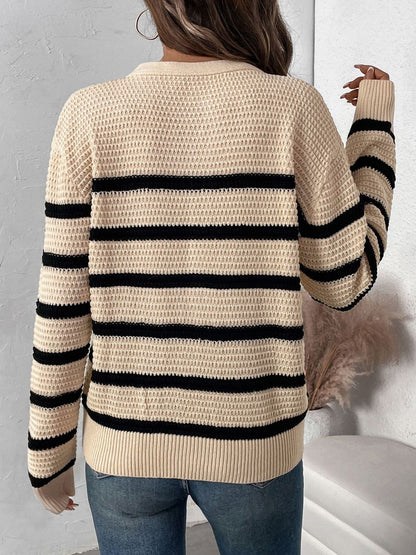 Verónica® | Perfee striped long sleeve sweater with half buttons