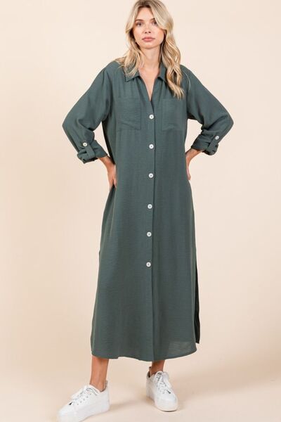 Tatiana® | Long sleeve maxi dress with V-neck and button placket