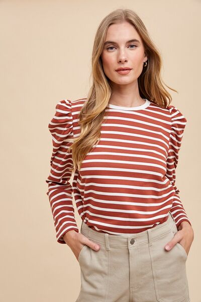 Nadia® | Striped French terry top with a crew neck and puff sleeves