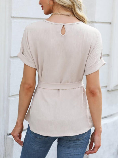 Tamara® | Short-sleeved, pleated top with a round neckline and lace-up fastening