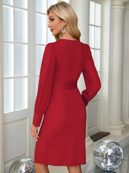 Verity® | Long-sleeved, knee-length dress with a V-neck and slit