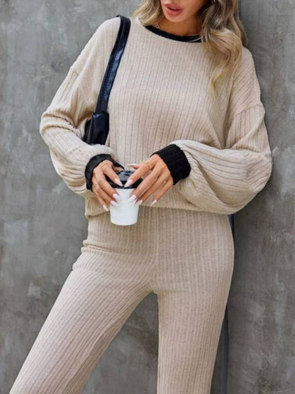 Wilma® | Contrast crew neck long sleeve top and bootcut trousers set